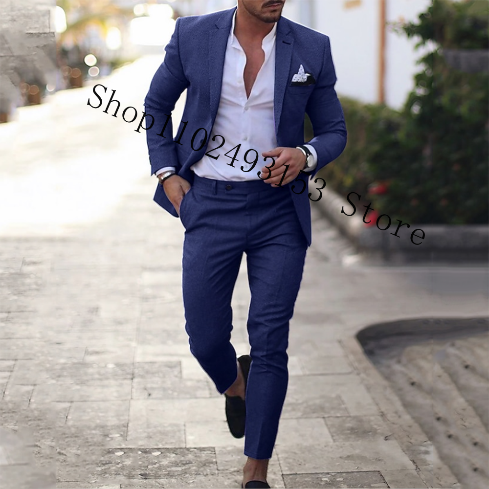 Men Linen Formal Wear - Navy Linen Suits Blazer Slim Fit