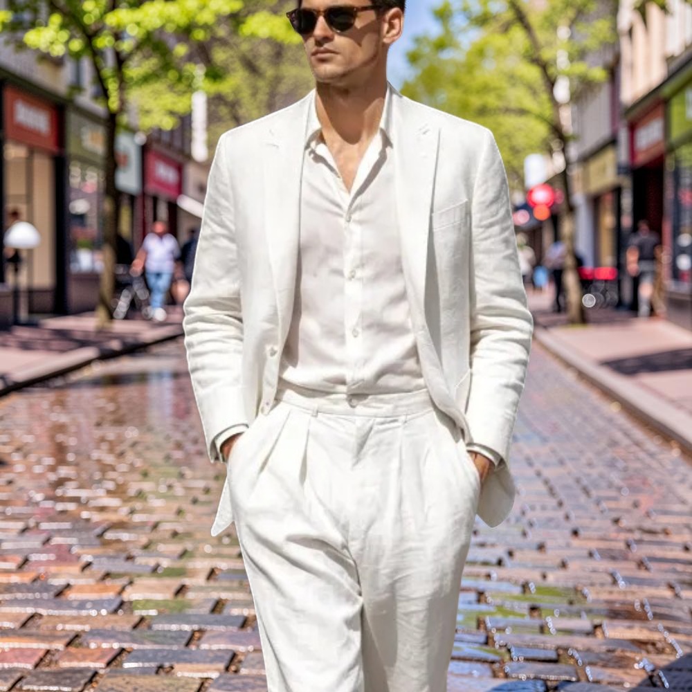 Men Linen Formal Wear - Beige Linen Wedding Tuxedo Prom Suits