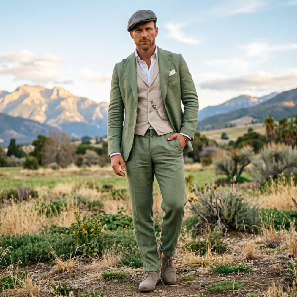 Sage Green Linen Men 3 Piece S - Men Linen Formal Wear avaliação e preço