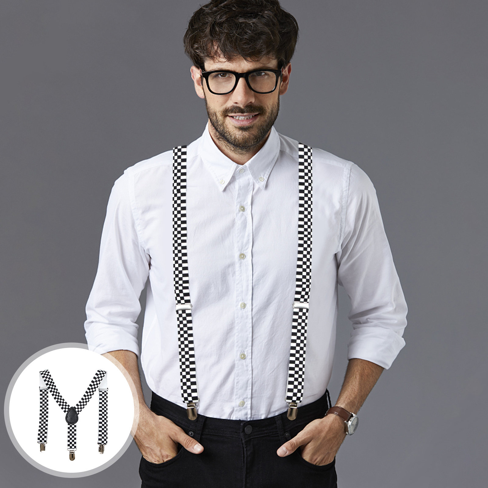 Black White Checkered Y-Back S - Suspender Clip Formal avaliação e preço