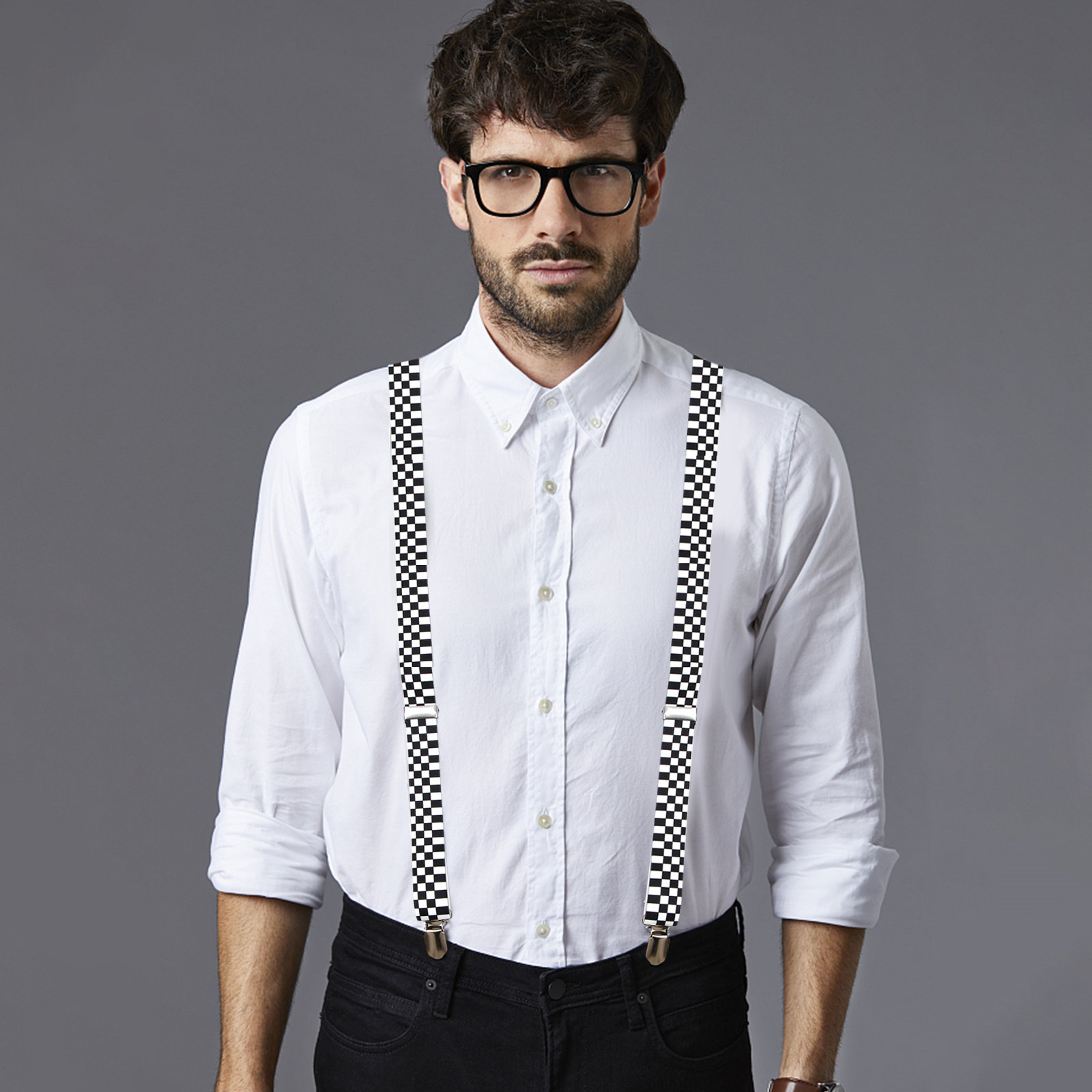 Black White Checkered Y-Back S - Suspender Clip Formal avaliação e preço