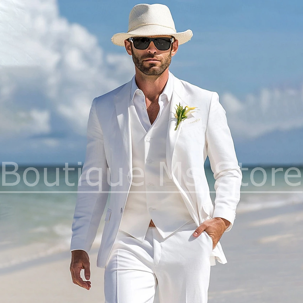 Men's White Linen Suit 3 Piece - Men Linen Formal Wear avaliação e preço
