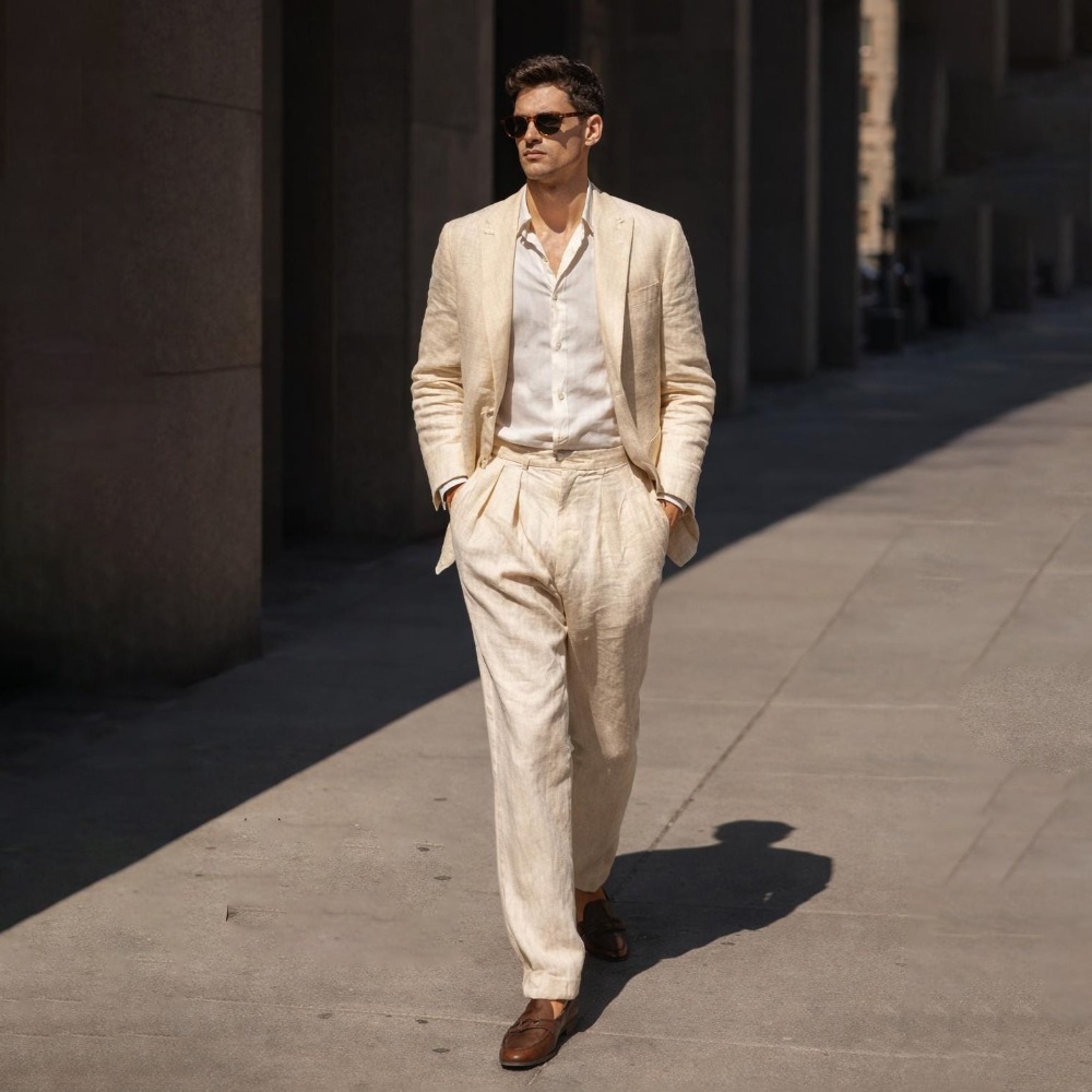 Beige Linen Wedding Tuxedo Pro - Men Linen Formal Wear avaliação e preço