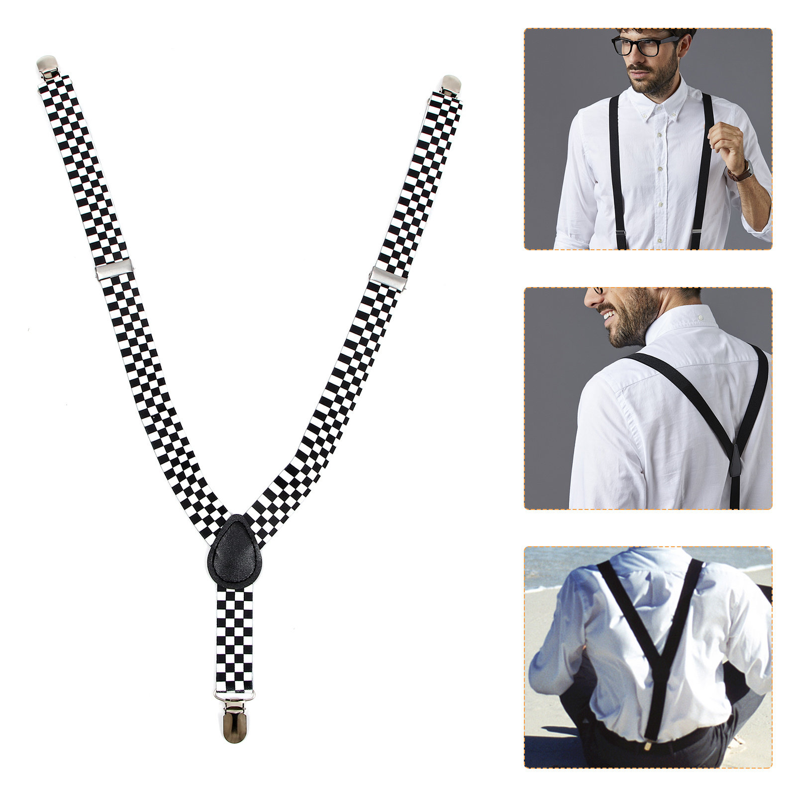Black White Checkered Clip-on  - Suspender Clip Formal avaliação e preço