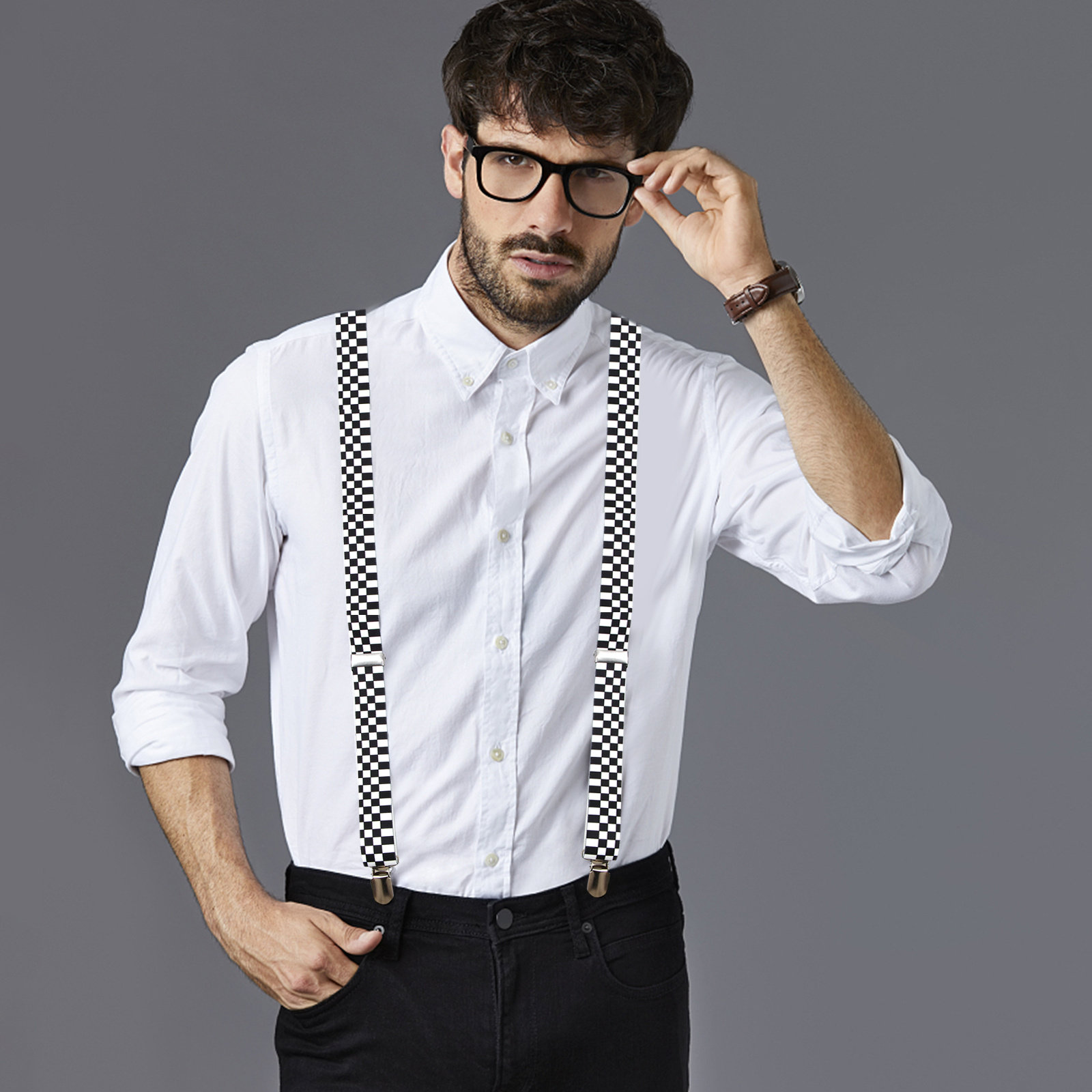 Black White Checkered Clip-on  - Suspender Clip Formal avaliação e preço
