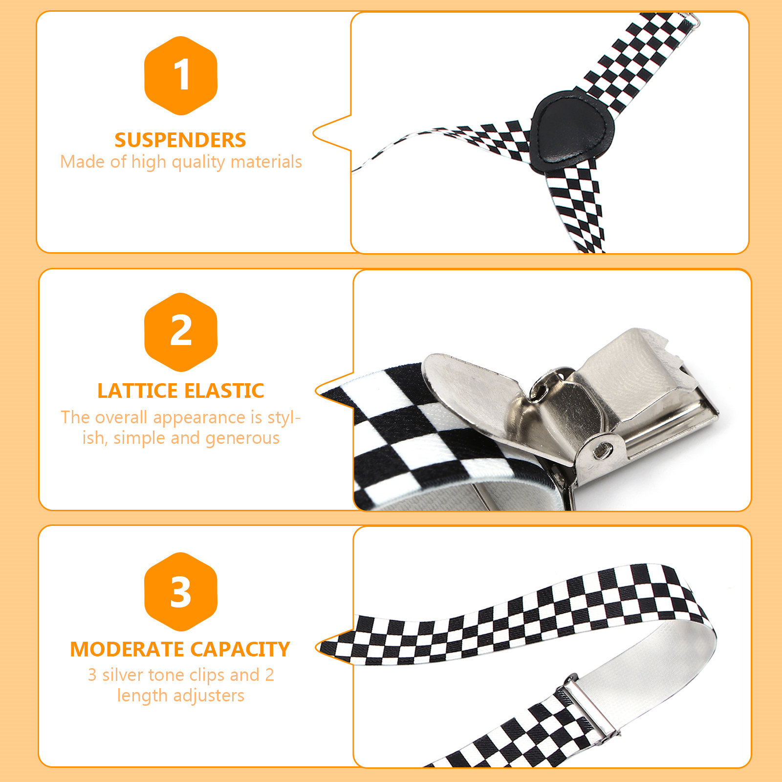 Black White Checkered Clip-on  - Suspender Clip Formal avaliação e preço