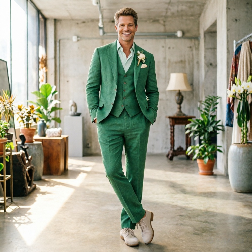 Sage Green Linen Men Suits 3 P - Men Linen Formal Wear avaliação e preço