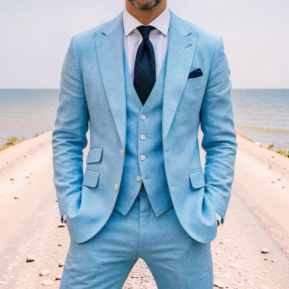 Sky Blue Linen Men Wedding Tux - Men Linen Formal Wear avaliação e preço