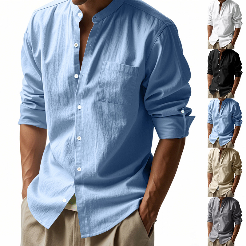 Men's Linen Stand Up Collar Sh - Men Linen Formal Wear avaliação e preço